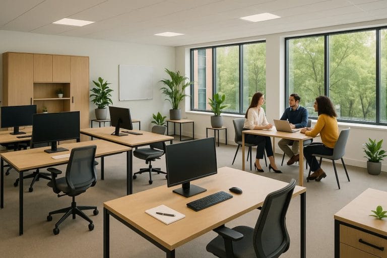 Espace de travail moderne avec bureaux ergonomiques, lumière naturelle et zone de collaboration